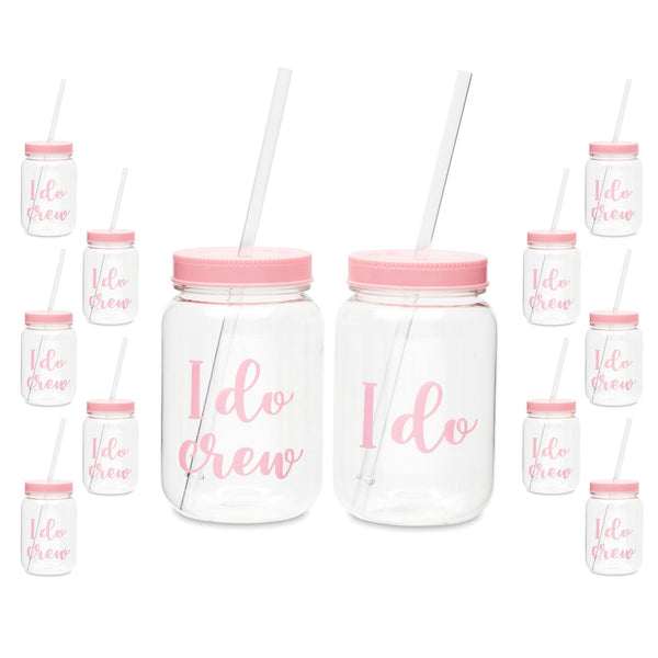 Sparkle and Bash I Do Crew Bachelorette Cups with Lids & Straws - Leak-Proof Bachelorette Party Accessories - Reusable Bridal Party Cups for Bridesmaid Gifts - Pink, Pack of 12, 18 oz - image 1