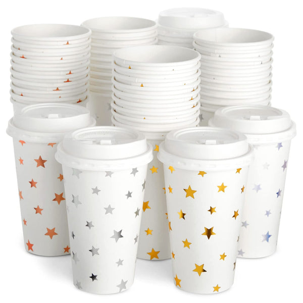 BLUE PANDA Disposable Coffee Cups with Lids - 16 Oz, 48-Pack, White Foil Stars - Paper Cups for Hot Drinks & Coffee to Go - image 1