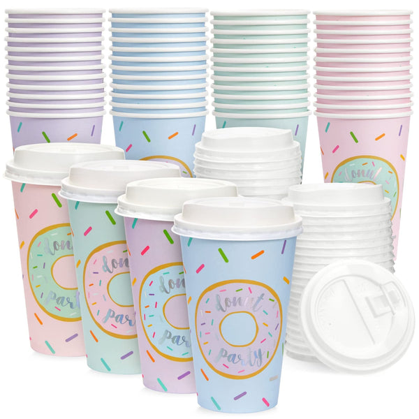 BLUE PANDA Disposable Coffee Cups with Lids - 16 Oz Pastel Donut, 48 Count - Paper Cups to Go for Travel & Parties - image 1