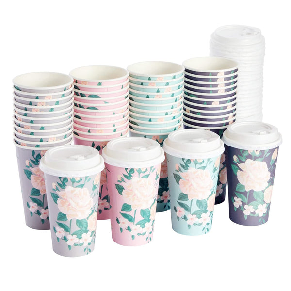 BLUE PANDA Paper Coffee Cups - 16 Oz, 48 Count, 4 Pastel Floral Colors - Disposable Cups with Lids for Hot & Cold Coffee & Tea to Go - image 1