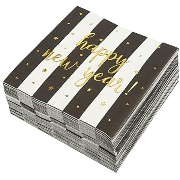 Happy New Year Party Supplies, Gold Foil Napkins (Black, White, 5 x 5 In, 50 Pack) - image 1