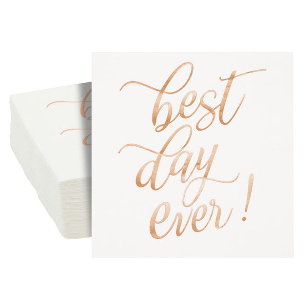 50-Pack Best Day Ever Napkins - Disposable Napkins for Wedding Reception, Bridal Shower, Engagement Party (Rose Gold, 5x5 In) - Wedding Day Decorations for Bridal Suite - image 1