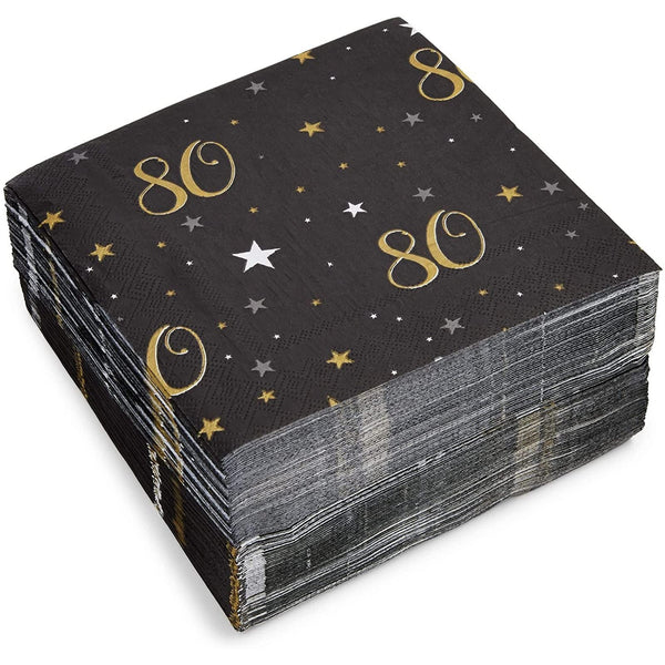 Sparkle and Bash Bulk Happy 80th Birthday Napkins for Party Decorations, 2-Ply, Black and Gold (6.5 x 6.5 In), Pack of 100-80th Birthday Decorations for Women - Cheers To 80 Years Napkins - image 1