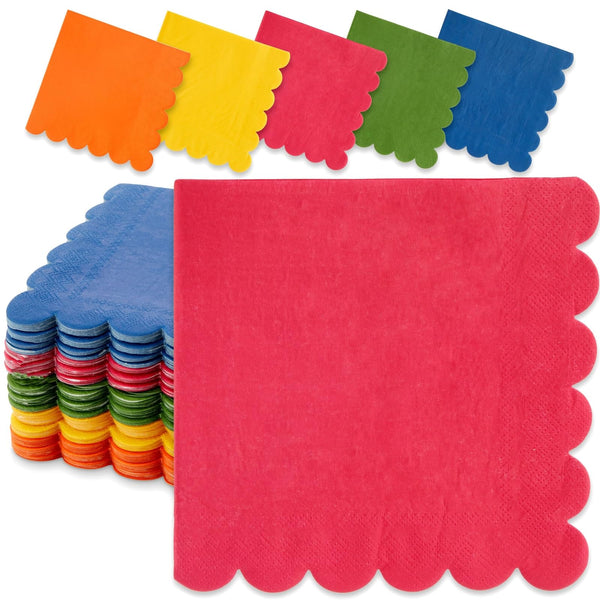Sparkle and Bash Colorful Napkins - 150 Pack 6.5 x 6.5 in 2-Ply, Scalloped Paper in 5 Solid Colors - Absorbent Fiesta Dinner & Mexican Party Table Napkins - image 1