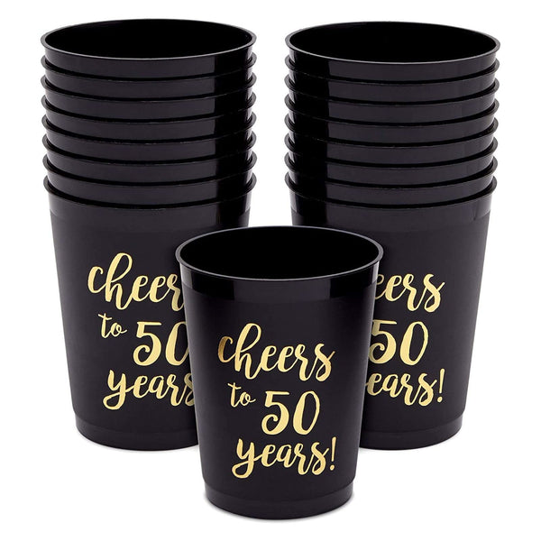 Sparkle and Bash 50th Birthday Cups - 16-Pack, 16 oz, Black & Gold, Cheers to 50 Years - Reusable Leak-Proof Plastic Party Cups for 50th Birthday & Anniversary Celebrations - image 1