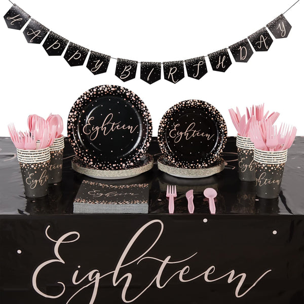 Sparkle and Bash 18th Birthday Banner & Party Tableware Set - 170-Piece Pink & Black Polka Dot - Sturdy Dinner Plates, Napkins & Rose Gold Cups - For 18th Birthday Bash - image 1
