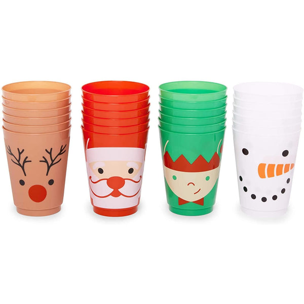 Sparkle and Bash 24 Pack Plastic Christmas Cups for Kids, 4 Xmas Designs - Table Decoration for Holiday Parties, 16 oz - image 1