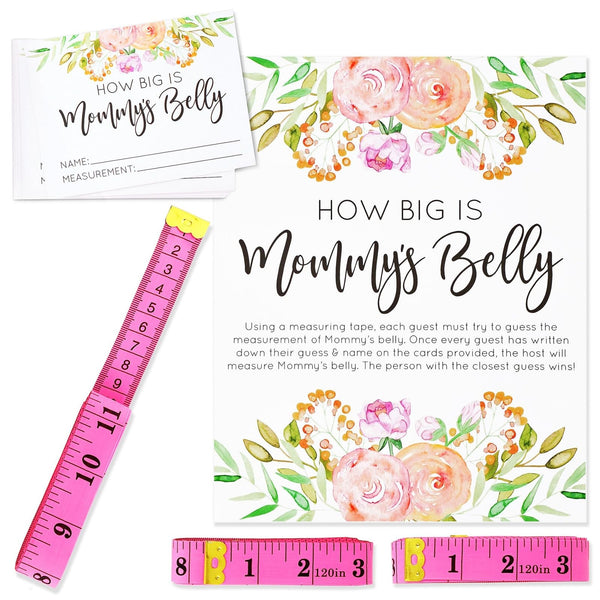 Sparkle and Bash Baby Shower Tape Measure Game - Pink 28-Piece Set - 24 Guess Cards, 3 Measuring Tapes & Sign - How Big Is Mommy's Belly Activity for Baby Shower Games - image 1