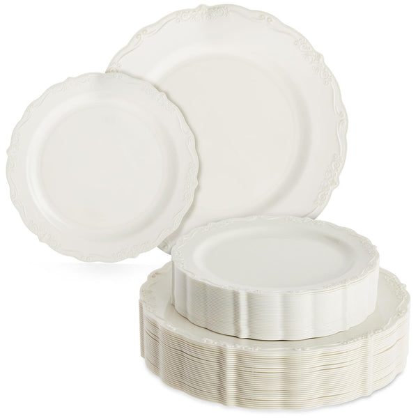 Sparkle and Bash 60 Cream Plastic Party Plates - Includes 30 9.8-Inch Dinner & 30 7.5-Inch Dessert - Vintage Floral Border & Gold Trim - Disposable Plastic Plates for Weddings, Showers & Events - image 1