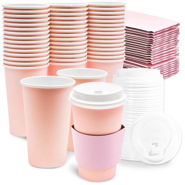 Sparkle and Bash Insulated 16 oz To Go Coffee Cup - Insulated Disposable Coffee Cups with Lids - Party Supply for Baby Shower & Birthday - Disposable Sleeve for Secure Grip - 48 Count, Blush Pink - image 1