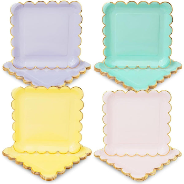 Sparkle and Bash Scalloped Paper Plates - 48 Count, 9-inch Square, Assorted Pastel & Gold Foil - Party Plates for Birthdays & Dessert Tables - image 1