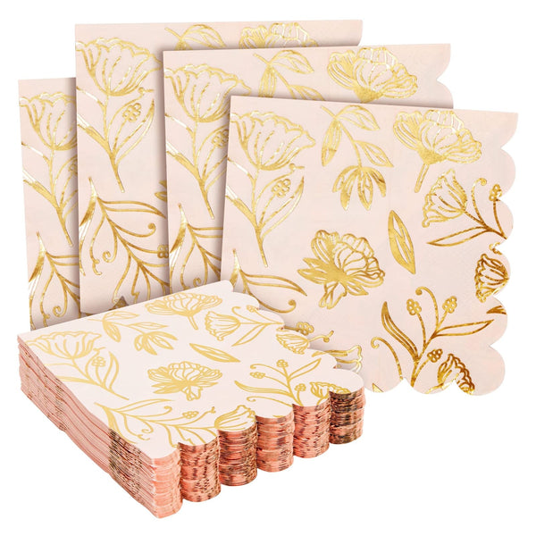 Sparkle and Bash Bridal Shower Napkins - 50-Pack Pink 3-Ply Paper, 5 x 5 In - Scalloped Disposable Cocktail Napkins with Gold Foil & Floral Design - image 1