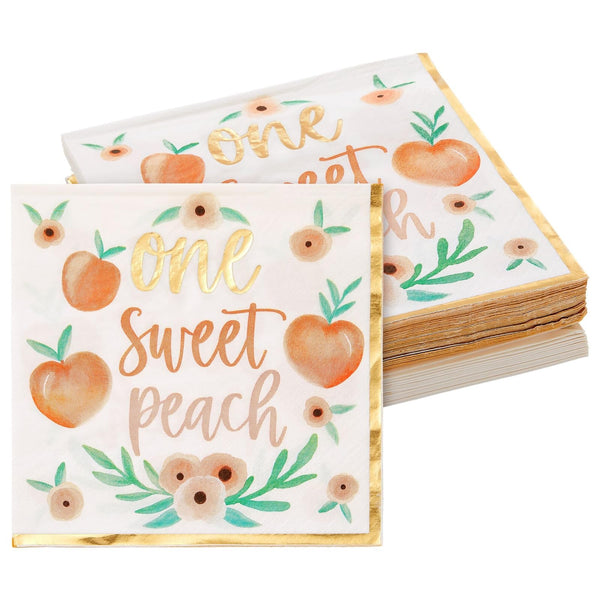 Sparkle and Bash Peach Paper Napkins - 6.5 x 6.5 In, 50 Pack, 1-Ply - Gold Border & Floral Design Napkins for Peach Baby Shower & Birthday Party Napkins - image 1