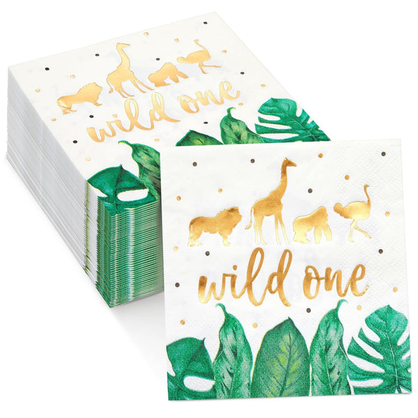 50 Pack Wild One Napkins for Jungle Safari First Birthday Party Supplies, Animal Print Napkins for Boys or Girls Party, Green Leaves with Gold Foil Accents (5 x 5 In) - image 1