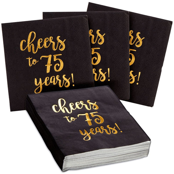 Sparkle and Bash 75th Birthday Paper Cocktail Napkins - 5 x 5 In, 3-Ply, Black & Gold -Pack of 50 - Cheers to 75 Years Foil Print - 75th Anniversary Napkins & Decor - image 1