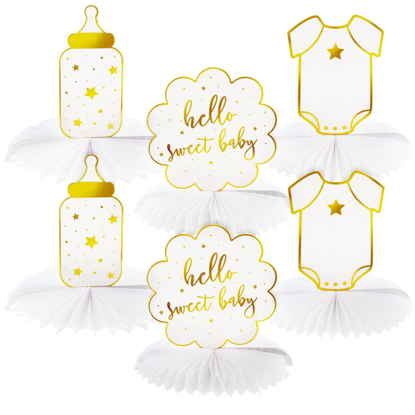 Sparkle and Bash Baby Shower Decorations & Centerpieces - 12-Piece White & Gold Honeycomb Paper Set - Gender Neutral Table Toppers & Table Top Decor, 3 Designs - image 1