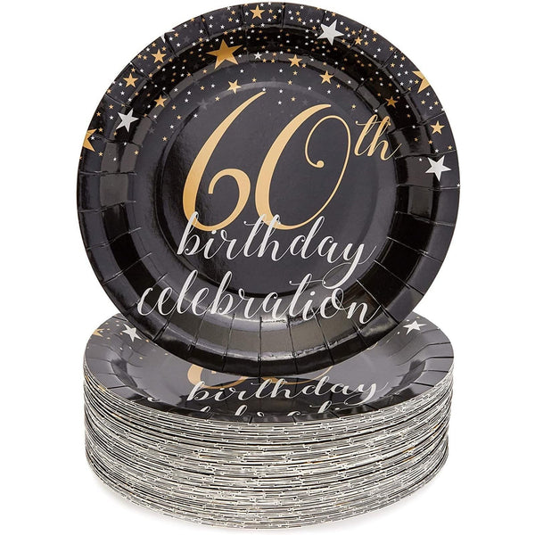 BLUE PANDA 60th Birthday Party Paper Plates - Chic Black & Gold Design for 60th Birthday Party Decoration - Durable & Disposable Plate Pack for Easy Cleanup - 9 in, Pack of 80 - image 1