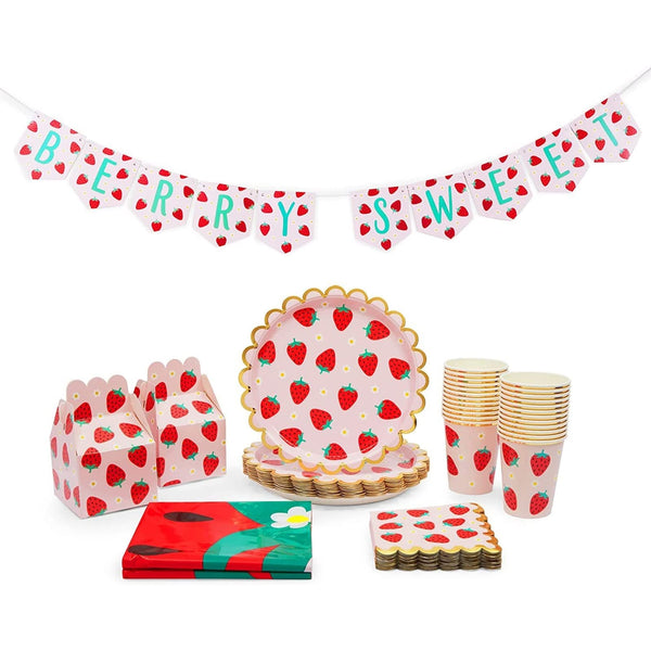 Sparkle and Bash Strawberry Tablecloth & Birthday Party Decorations Set - 87-Piece Pink Daisy-Print Plates, Cups, Napkins & Favor Boxes - Banner & Party Supplies - image 1