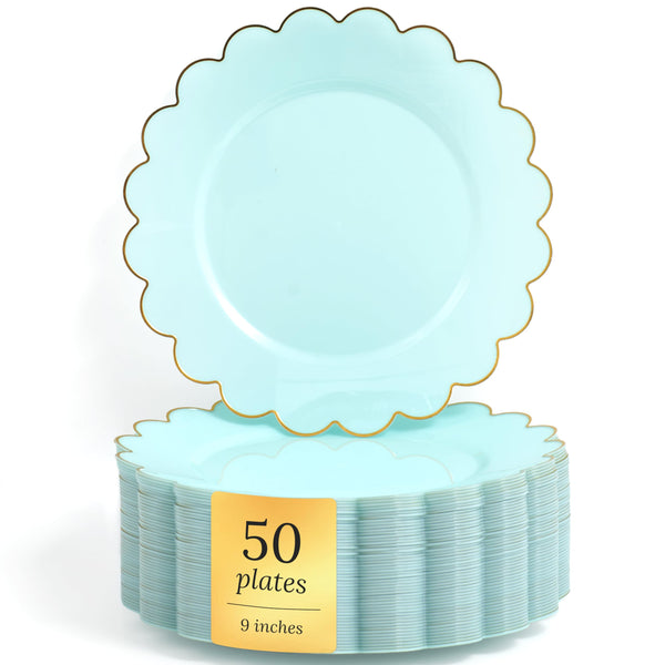 Sparkle and Bash Bulk 50 Pack Scalloped Plates - 9 Inch Baby Blue Plastic Plate with Elegant Gold Rim - Fancy Disposable Plates for Party, Birthday, Wedding, Baby Shower, Gender Reveal and Holidays - image 1