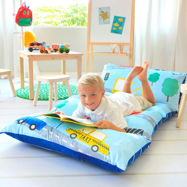Butterfly Craze Floor Pillow Case - Versatile Lounge Seat & Floor Bed - DIY Support for Sleeping Pad & Guest Bed - Machine Washable Cover & Ground Cushions - Queen Size, Cars Blue - image 1