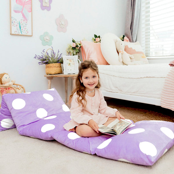Butterfly Craze Rectangular Floor Lounger Cover - Pillow-Filled Guest Bed - Machine-Washable Floor Cushion Cover - Sleeping Pad & Mat for Kids 3+ & Adults - Queen, Polka Purple - image 1