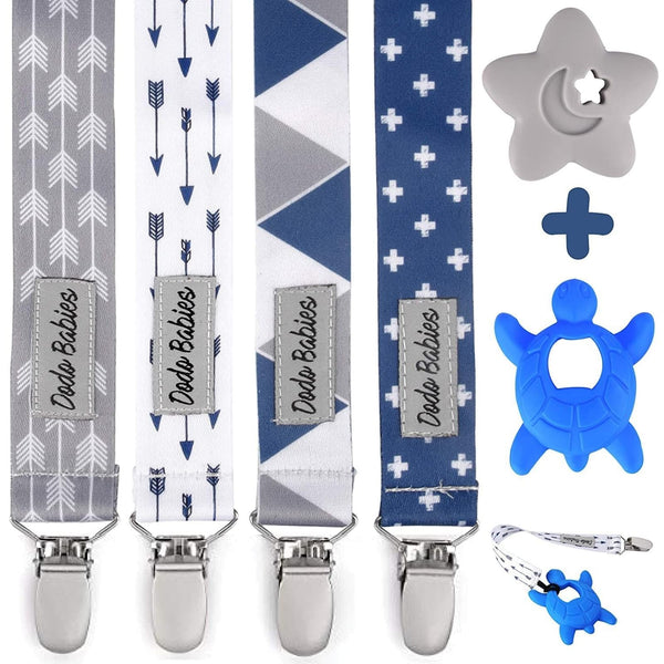 Dodo Babies Pacifier Clip & Teether Toy Set - Universal Pacifier Holder Loop - Silicone Teethers for Baby Teething Toys - 6 Piece Set, Blue & Gray - image 1