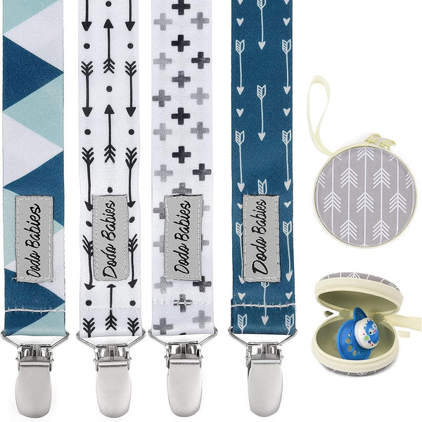 Dodo Babies Pacifier Clip Set - Universal Holder & Pacifier Holder - Detachable Binky Case & Binky Clip - Durable Polyester Straps - 5-Piece Set, Blue/White/Grey Geo Prints - image 1