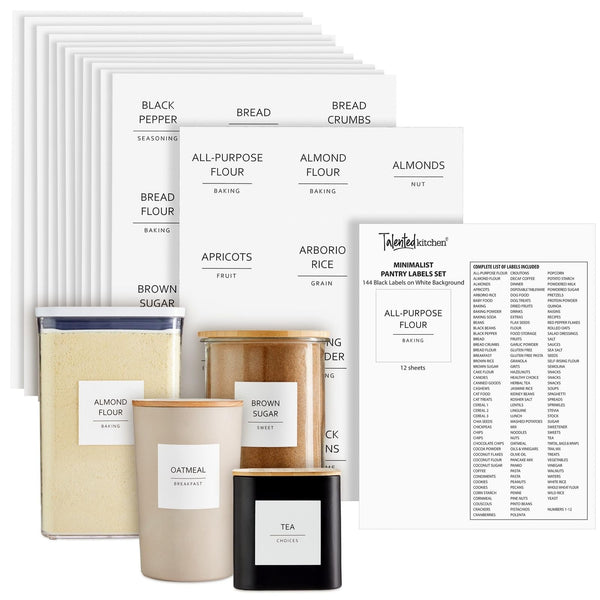 Talented Kitchen 144 Pantry Labels for Containers, Food Storage - Preprinted Black All-Caps on Matte White Vinyl Stickers for Minimalist Style Kitchen (Water Resistant) - image 1
