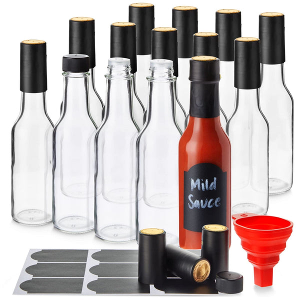Talented Kitchen Glass Hot Sauce Bottles - 5 oz, Clear Glass, 14-Pack Woozy Bottles - Screw-On Caps & Dripper Inserts - Funnel & Chalkboard Labels - Hot Sauce Bottling Kit & Making Supplies - image 1