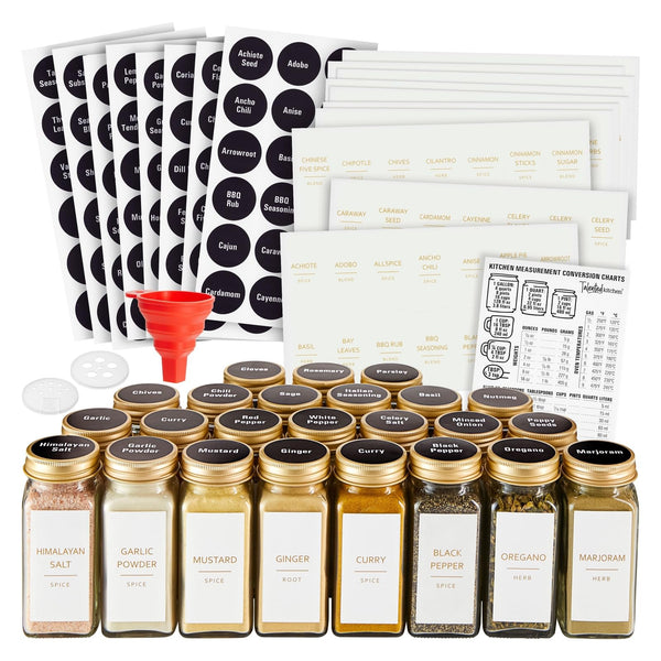 Talented Kitchen Glass Spice Jars with Gold Lids - Gold Metal Caps & Refillable Design for Kitchen Organization - Includes 284 Preprinted Labels for Seasoning Organizer - Pack of 24, 4 oz Square - image 1