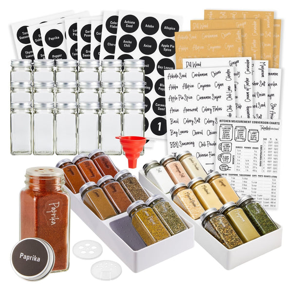 Talented Kitchen Spice Drawer Organizer with Glass Jars & Labels - 18 4-oz Spice Jars, 2 Non-Skid 3-Tier Trays, 5.9 x 15 in - Kitchen Drawer Organizer & Storage, 416 Labels & Magnetic Conversion Chart - image 1