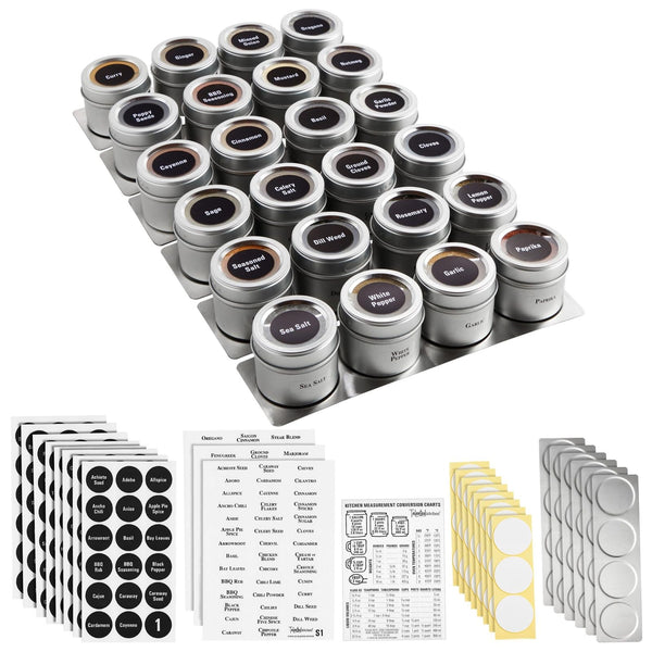 Talented Kitchen Magnetic Stainless Steel Spice Jars - 24-Pack, 3 oz, Silver - Magnetic Kitchen Spice Jars with Organizer Plates & Lids for Fridge & RV - Includes 6 Wall Plates & 269 Preprinted Labels - image 1