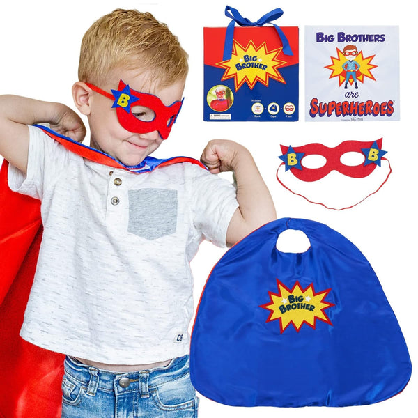 Tickle & Main Big Brother Gifts for Boy - 3-Piece Satin Superhero Cape & Mask with Storybook, Ages 2+, X-Large, Blue/Red/Yellow - Big Brother Superhero Cape Gift - image 1