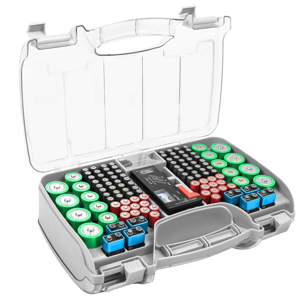 THE BATTERY ORGANISER Storage Case with Tester, Stores & Protects Up to 180 Batteries, Hinge Clear Cover with Locking Lid, Garage Gadget Organization Holds AA AAA C D and More, Gray - image 1