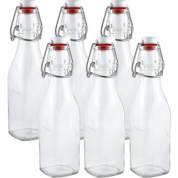 Estilo Swing Top Easy Cap Clear Glass Bottles with Caps, Round, 8.5 oz, Set of 6 - Standard Size, Flip Top Glass Bottles to Store Home Brews, Oils, Vinaigrettes, Wines, Beer, Teas - Syrup Bottles - image 1