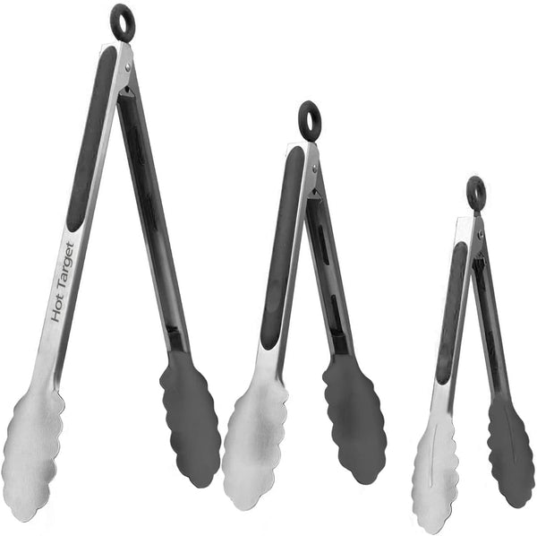 Hot Target Set of 3: 7, 9, 12 inches, Heavy Duty, Non-Stick, Stainless Steel Silicone BBQ and Kitchen Tongs. Heat resistant up to 600°F (Silver) - image 1