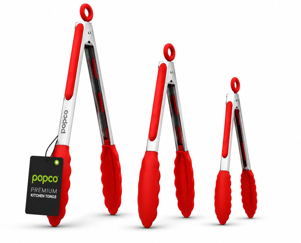 Popco 3-Piece Kitchen Tongs Set – Stainless Steel Heat Resistant Silicone Tips, Strong Comfort Grip, 3 Sizes (7, 9, 12 Inch), Non-Scratch, Dishwasher Safe, For Cooking, BBQ, Salad - image 1