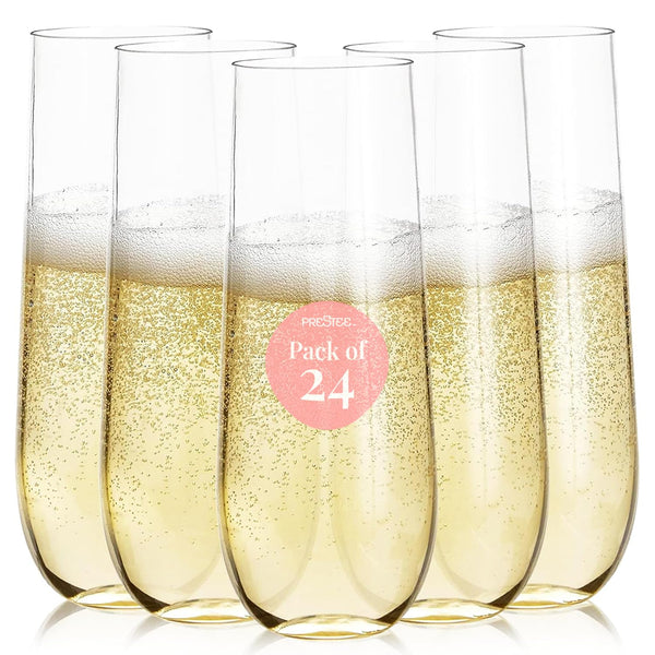 Prestee 24-Pack Stemless Plastic Champagne Flutes - 9 oz Clear Disposable Glasses for Wine, Cocktails, Mimosas - Champagne Flutes Plastic for Parties and Celebrations - image 1