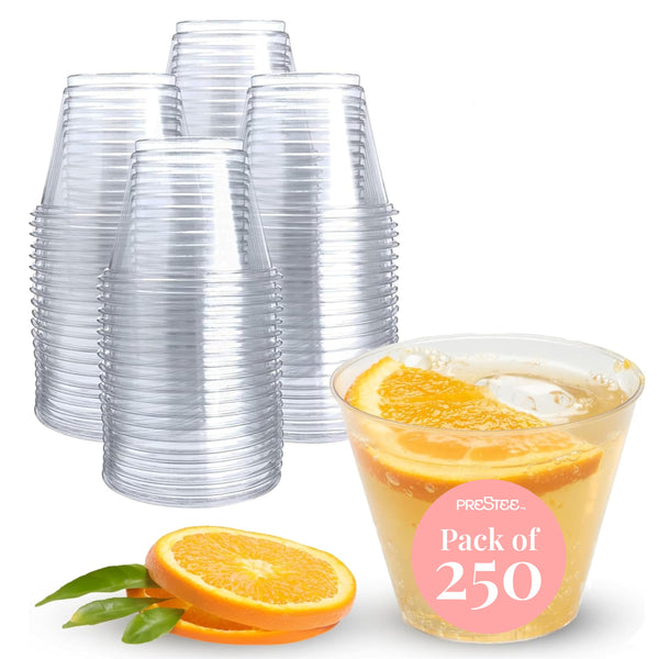 Prestee 250-Pack - 9oz Clear Plastic Cups - Durable Disposable Plastic Wine Glasses for Party, Weddings, and Catering - Small Drinking Glasses for Cocktails and Beverages - Heavy-Duty Fruit Punch Cups - image 1