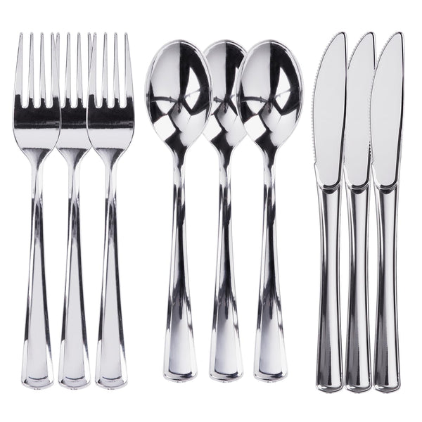Prestee 300 Piece Heavy Duty Plastic Silverware Set - 100 of Each Silver Plasticware Forks, Spoons, Knives - Flatware Cutlery for Weddings - Durable Disposable Plastic Utensils for Catering, Buffets - image 1