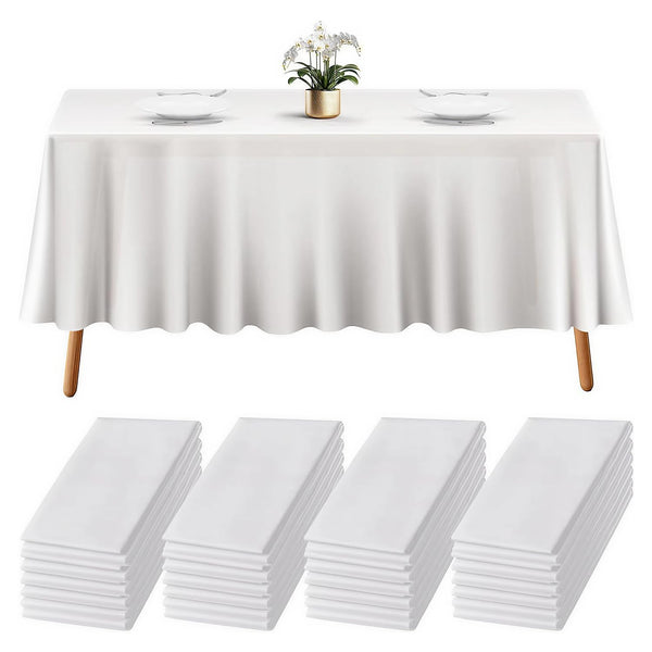 Prestee 24 Pack Plastic Table Cloth Disposable - 108" x 54" White Table Cloth Rectangle for Indoor or Outdoor Use - White Tablecloths for Weddings, Parties - Plastic Table Cover for Fine Dining Events - image 1