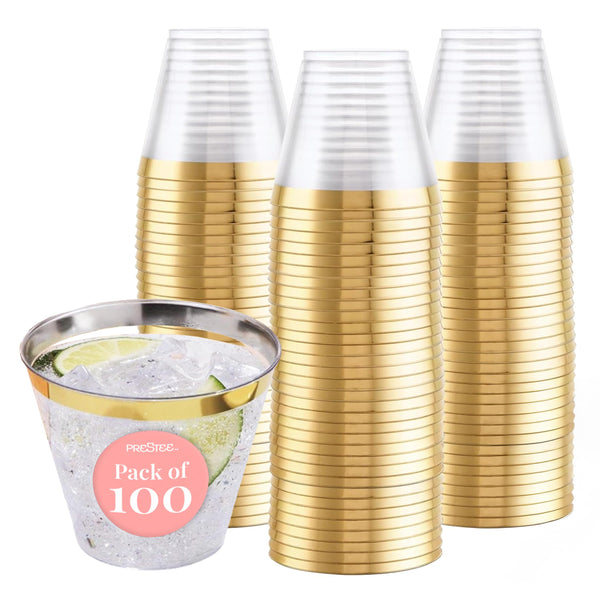 Prestee 100-Pack 9oz Gold Rimmed Plastic Cups Disposable Wine Glasses for Charcuterie, Weddings, Parties, and Events - Elegant Cocktail and Drinking Cups for Champagne, Martini, and Mocktails - image 1