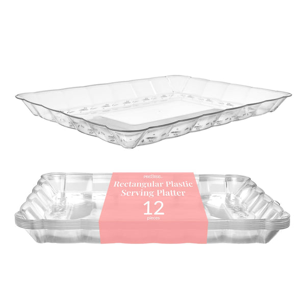 Prestee 12-Pack Serving Tray - 9x13 Inches Disposable Rectangular Plastic Food Tray for Parties and Events - Clear Platters for Dessert Table Displays, Appetizers, Snacks, and More - image 1