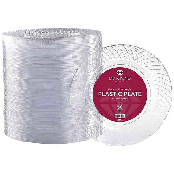 Prestee 50-Pieces Heavy Duty Disposable Plates - 9-Inch Clear Plastic Plates for Party, Weddings, Holidays, or Everyday Use - Durable, Elegant, Stylish Plastic Dinnerware for Any Occasion - image 1