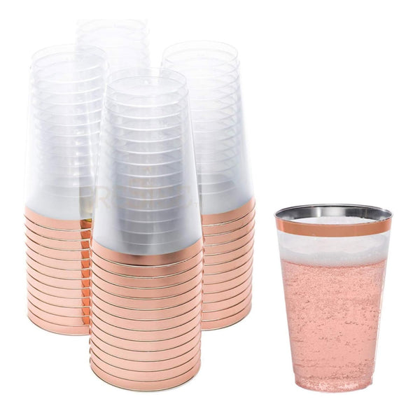 50 Pack Disposable Plastic Cups by Prestee - 14 oz Rose Gold Rimmed Plastic Wine Glasses - Heavy Duty, Pink Rim Cup - Disposable Party Cups and Fancy Wedding Tumbler - Elegant Decoration Cup for Party - image 1