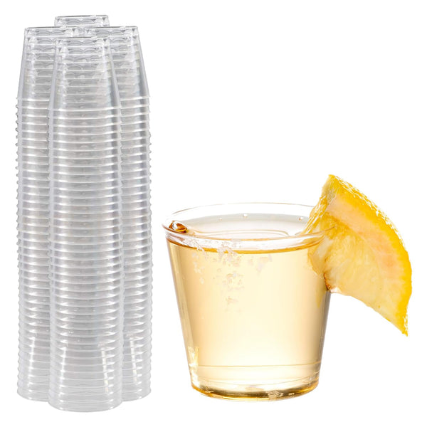 Prestee Disposable Shot Glasses 1 oz - 100 Pack Clear Plastic Shot Glasses for Party, Mini Jello Shot Cups, Small Plastic Cups for Tastings, Condiments, Snacks, and Cocktail Sampling - image 1