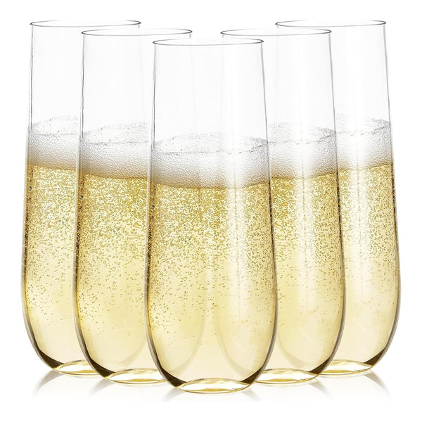Prestee 24 Plastic Champagne Flutes - 9oz Heavy Duty Stemless Champagne Glasses for Parties - Disposable Clear Plastic Toasting Glasses, Mimosa Glass for New Year’s Eve Party Supplies - image 1