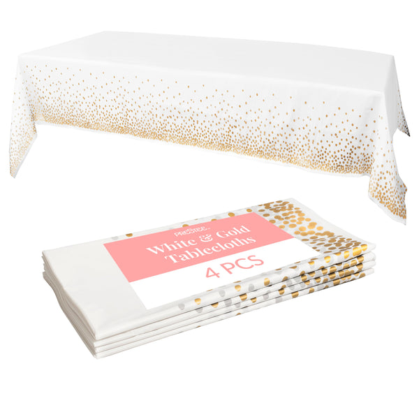 Prestee White and Gold Tablecloths, 4pk, 54x108 Inches - Party Table Cloths Disposable - Gold Dot Disposable Tablecloths - Plastic Table Cloth - Engagement Party Decorations, Baptism Decorations - image 1