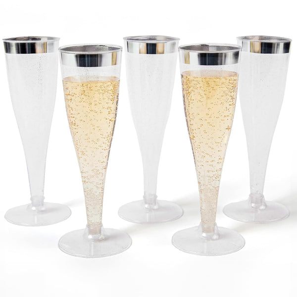 Prestee Set of 24 Silver Glitter Plastic Champagne Flutes - 4.5 oz Capacity - Shatterproof Durable Disposable Glasses - Elegant Design - Ideal for Weddings, Cocktail Parties, and Outdoor Celebrations - image 1