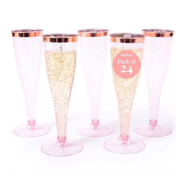 Prestee Set of 24 Plastic Champagne Flutes Disposable - Silver Glitter Pink Champagne Glasses with Rose Gold Rim, Elegant Toasting Cups for Weddings, Cocktail Parties, New Year's Celebrations - image 1